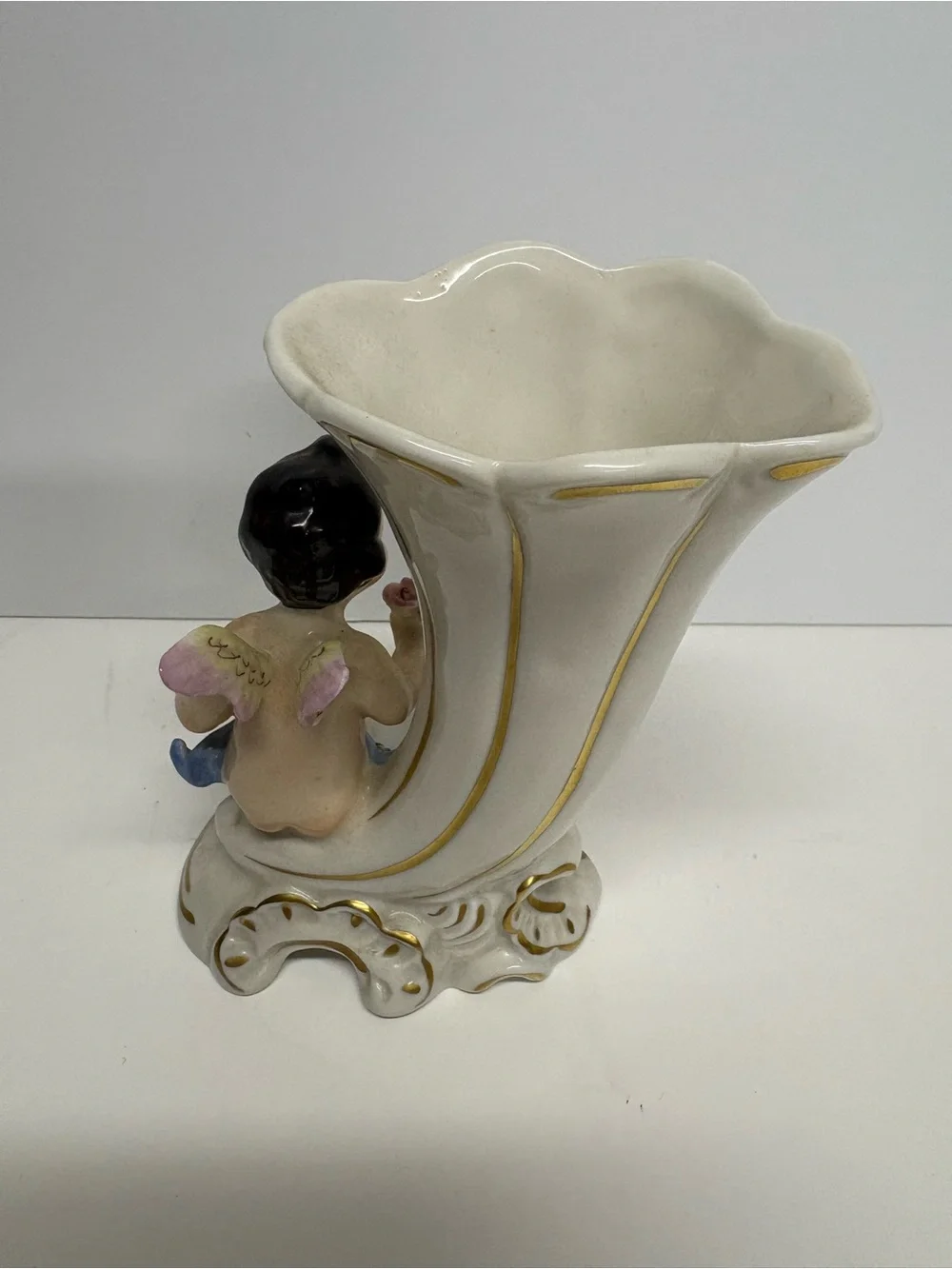 Vintage Porcelain Cherub Cornucopia Vase in White and Gold